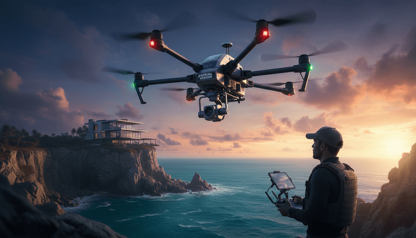 Drone inspection in flight over industrial infrastructure