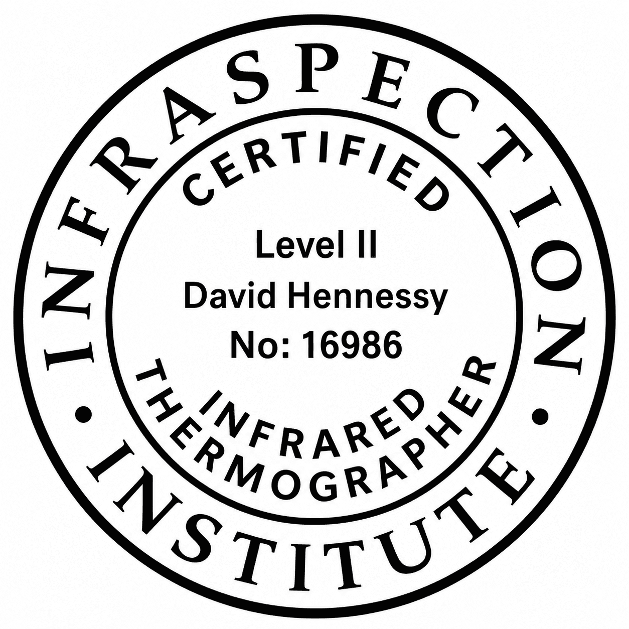 Infraspection Institute seal certifying David Hennessy as a Level II Infrared Thermographer, number 16986.