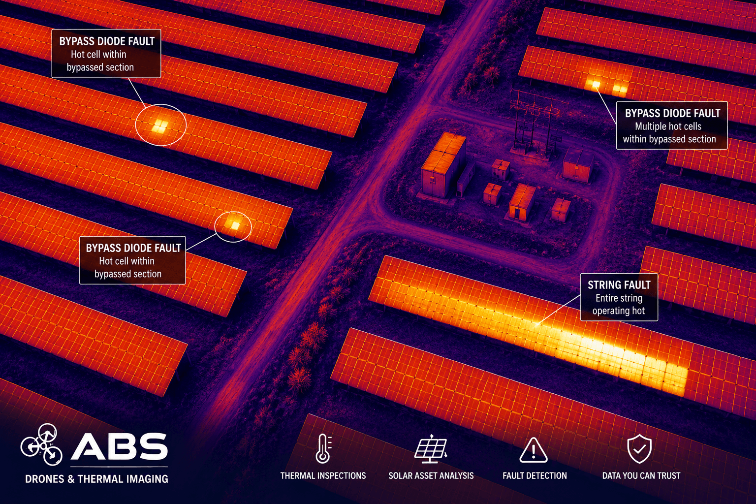 Thermal drone scan identifying bypass diode and string faults across a solar panel farm.