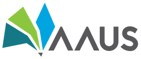 AAUS logo with grey text and abstract teal, green, and blue shapes fanning from pencil.