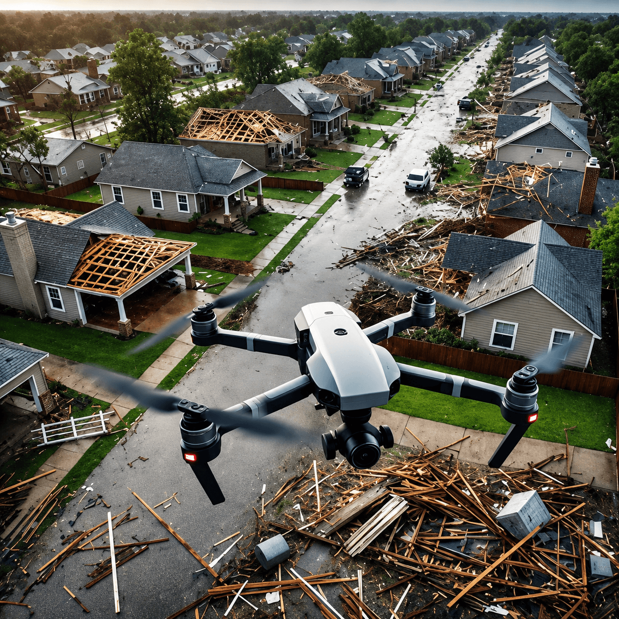 Drone surveying a storm-damaged neighborhood with destroyed roofs and debris scattered across the street.