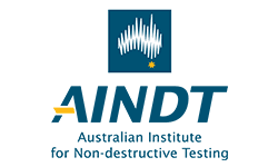 Logo for AINDT, the Australian Institute for Non-destructive Testing, featuring a waveform Australia map.