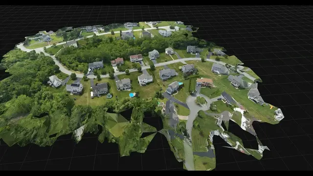Aerial 3D model of a suburban neighborhood with houses and trees on a black grid.